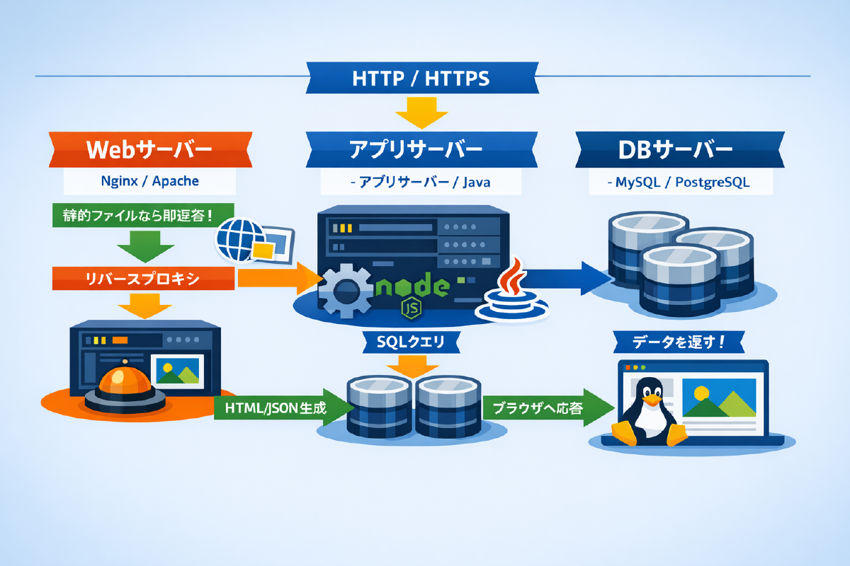 リクエストの流れ：ブラウザ→Web→アプリ→DB→アプリ→Web→ブラウザ